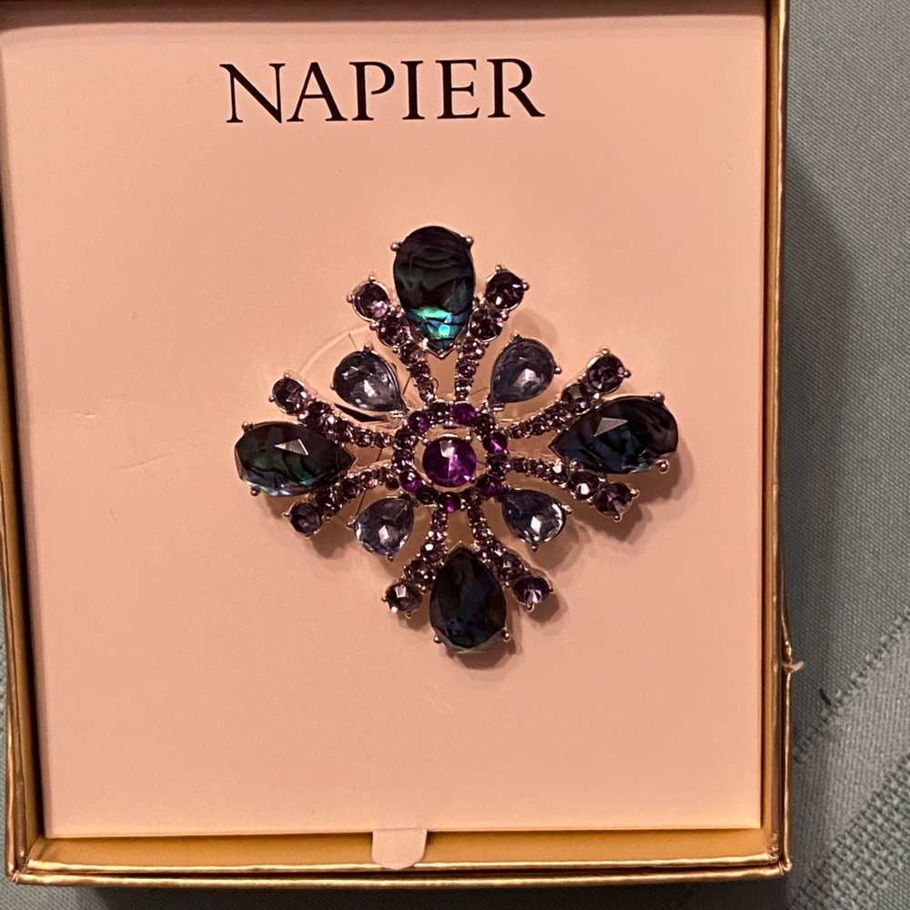Napier Purple and Silver Floral Brooch with Gemstone Center